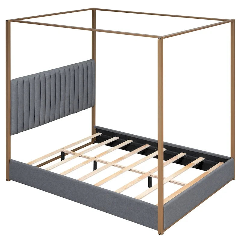 Queen Canopy Platform Bed with Upholstered Headboard and Metal Frame