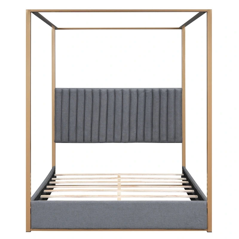 Queen Canopy Platform Bed with Upholstered Headboard and Metal Frame