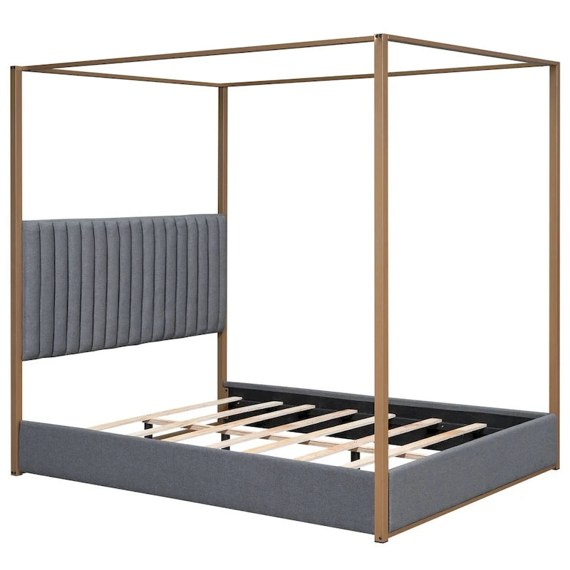 Queen Canopy Platform Bed with Upholstered Headboard and Metal Frame