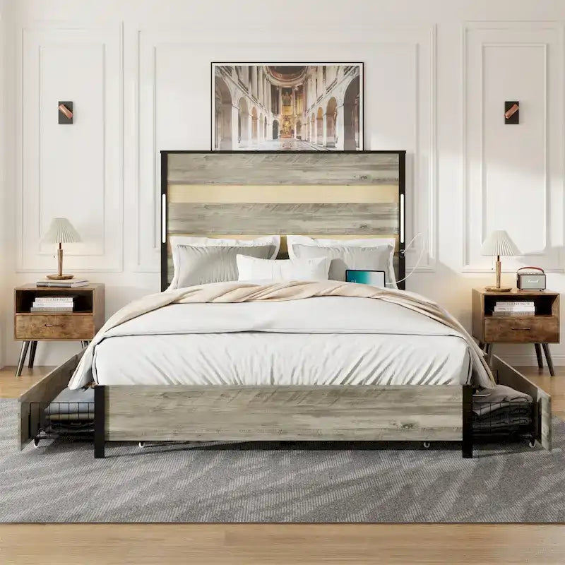 Queen Platform Bed with LED Headboard, USB Ports and 4 Storage Drawers