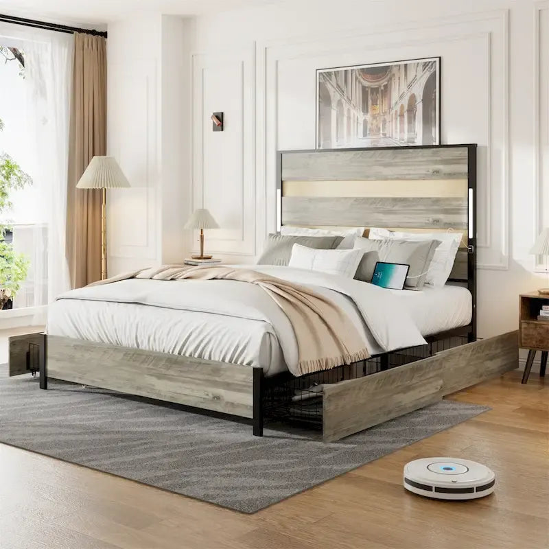 Queen Platform Bed with LED Headboard, USB Ports and 4 Storage Drawers