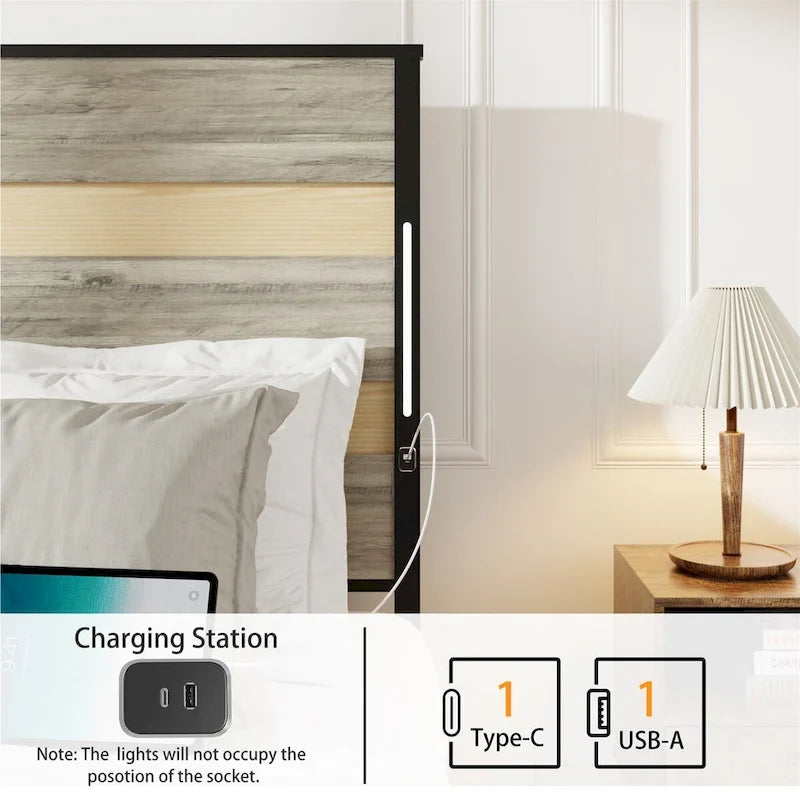 Queen Platform Bed with LED Headboard, USB Ports and 4 Storage Drawers
