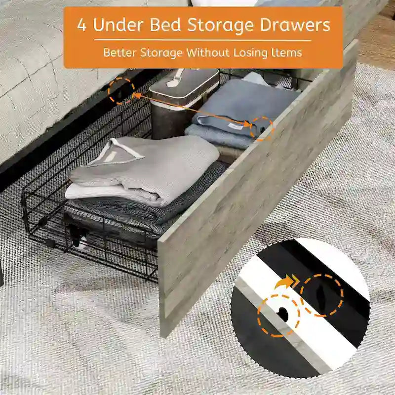 Queen Platform Bed with LED Headboard, USB Ports and 4 Storage Drawers