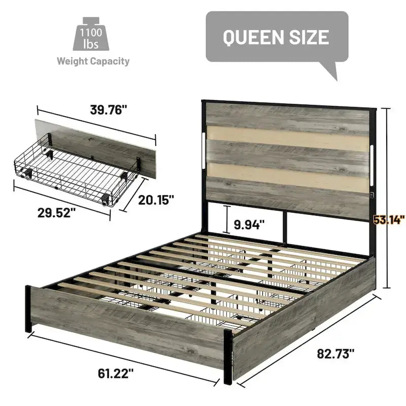 Queen Platform Bed with LED Headboard, USB Ports and 4 Storage Drawers