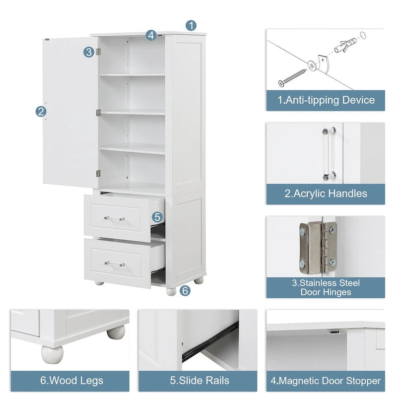 Tall Freestanding Bathroom Storage Cabinet with Drawers and Adjustable Shelves