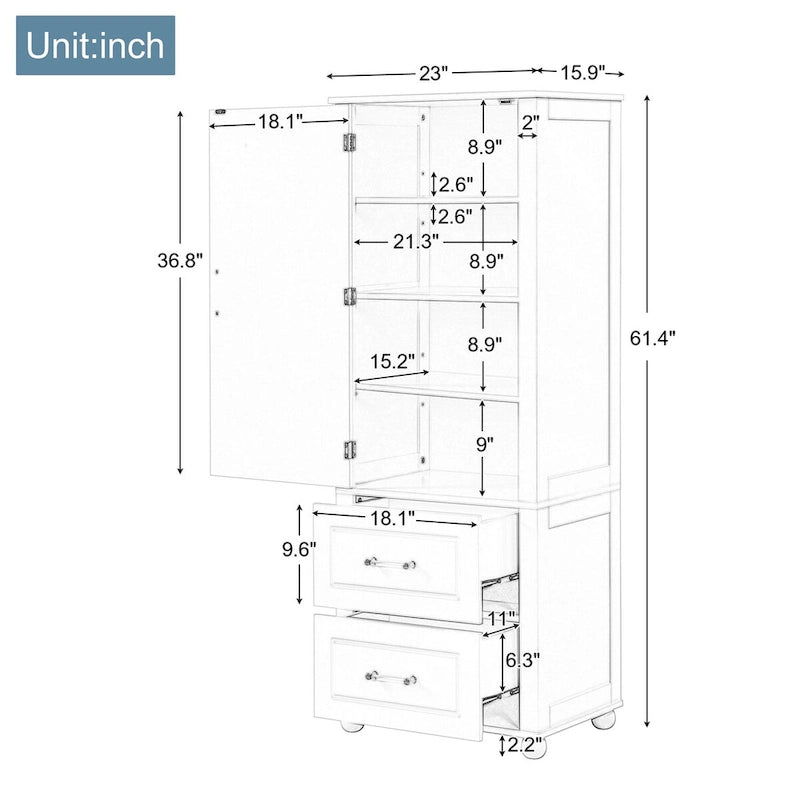 Tall Freestanding Bathroom Storage Cabinet with Drawers and Adjustable Shelves