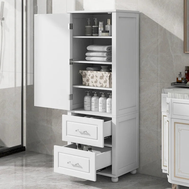 Tall Freestanding Bathroom Storage Cabinet with Drawers and Adjustable Shelves