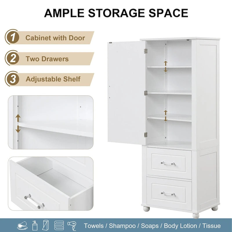 Tall Freestanding Bathroom Storage Cabinet with Drawers and Adjustable Shelves