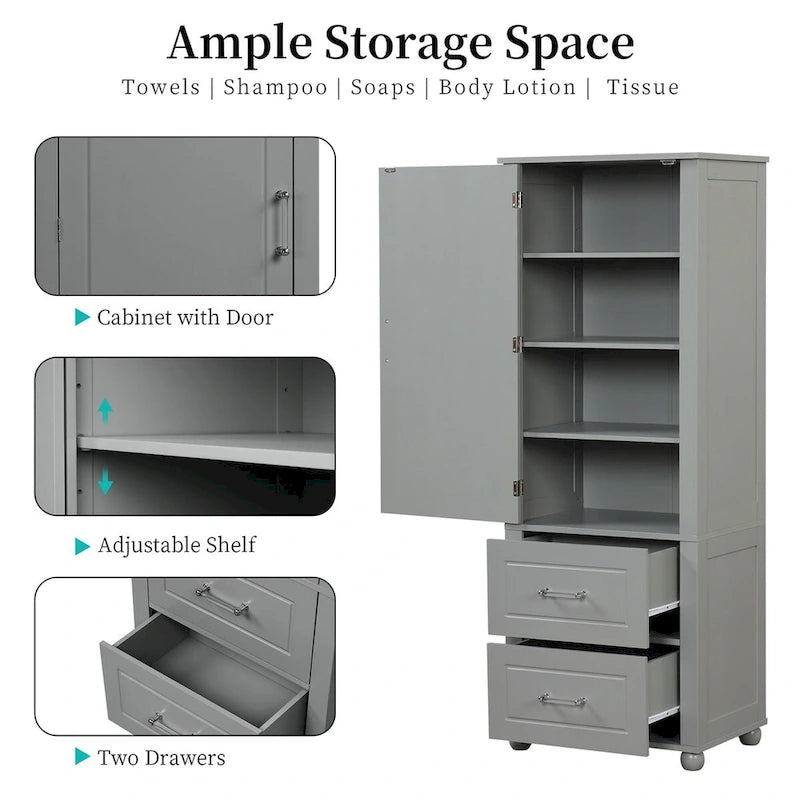 Tall Freestanding Bathroom Storage Cabinet with Drawers and Adjustable Shelves
