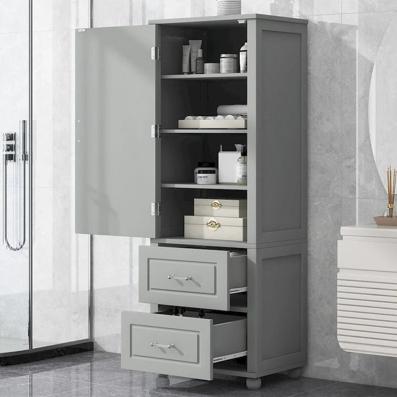 Tall Freestanding Bathroom Storage Cabinet with Drawers and Adjustable Shelves