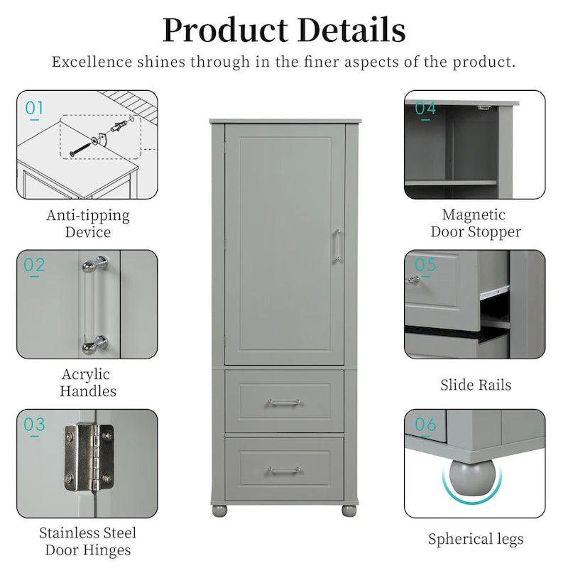 Tall Freestanding Bathroom Storage Cabinet with Drawers and Adjustable Shelves