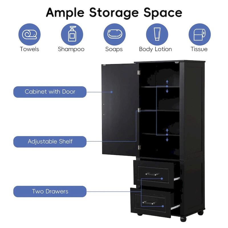Tall Freestanding Bathroom Storage Cabinet with Drawers and Adjustable Shelves