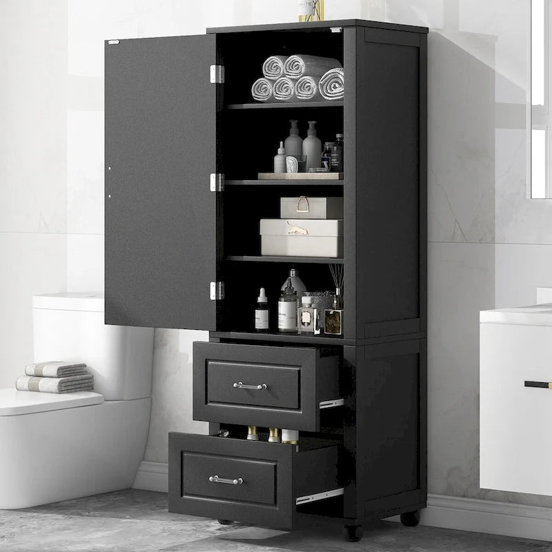 Tall Freestanding Bathroom Storage Cabinet with Drawers and Adjustable Shelves