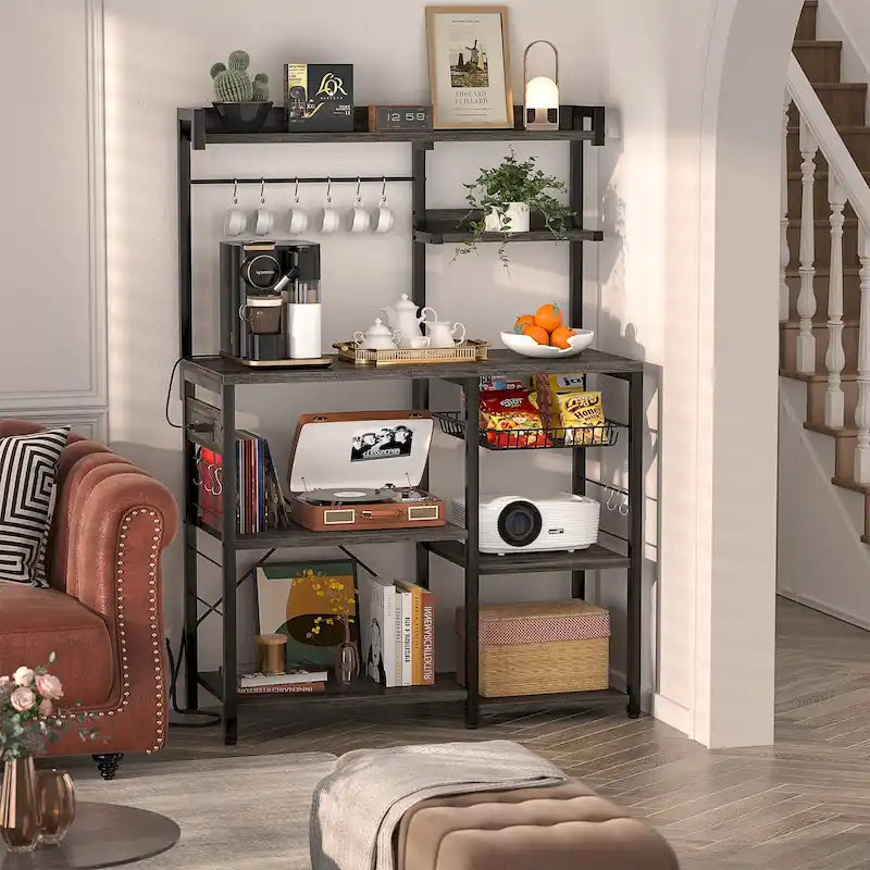 Kitchen Storage Shelf with Power Outlet, LED Lights and Pull-Out Basket