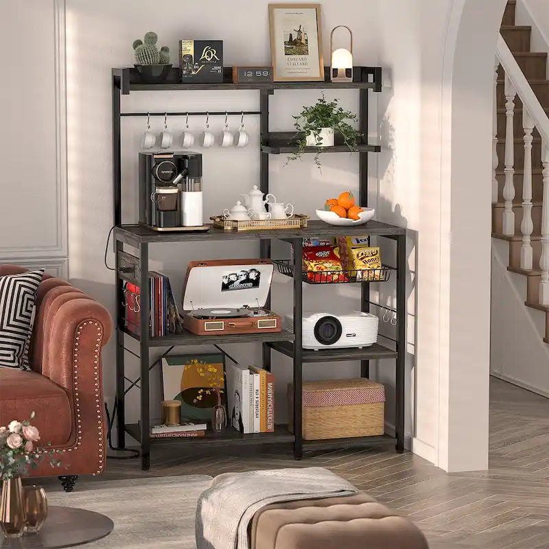 Kitchen Storage Shelf with Power Outlet, LED Lights and Pull-Out Basket