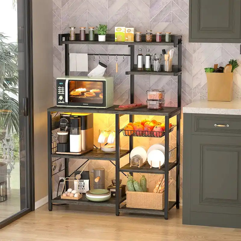 Kitchen Storage Shelf with Power Outlet, LED Lights and Pull-Out Basket