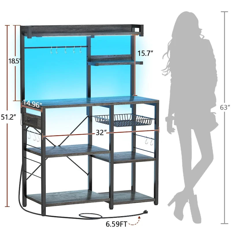 Kitchen Storage Shelf with Power Outlet, LED Lights and Pull-Out Basket