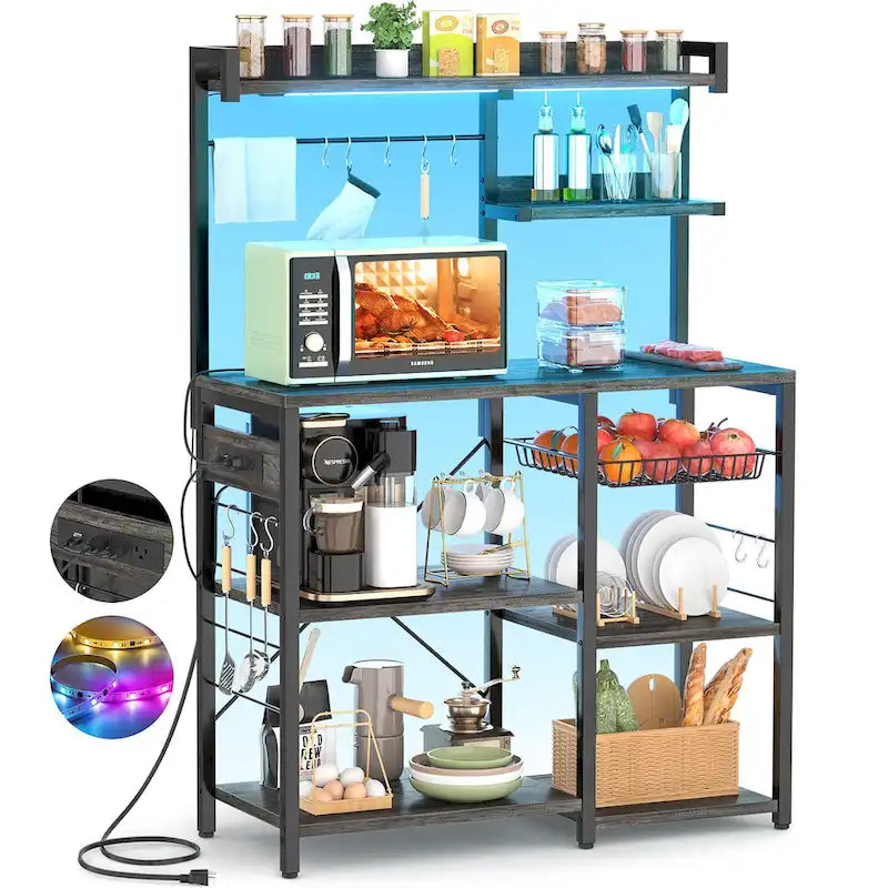 Kitchen Storage Shelf with Power Outlet, LED Lights and Pull-Out Basket