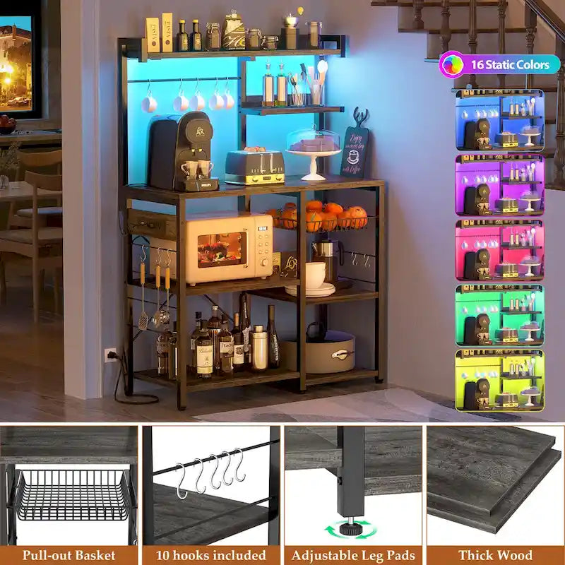 Kitchen Storage Shelf with Power Outlet, LED Lights and Pull-Out Basket