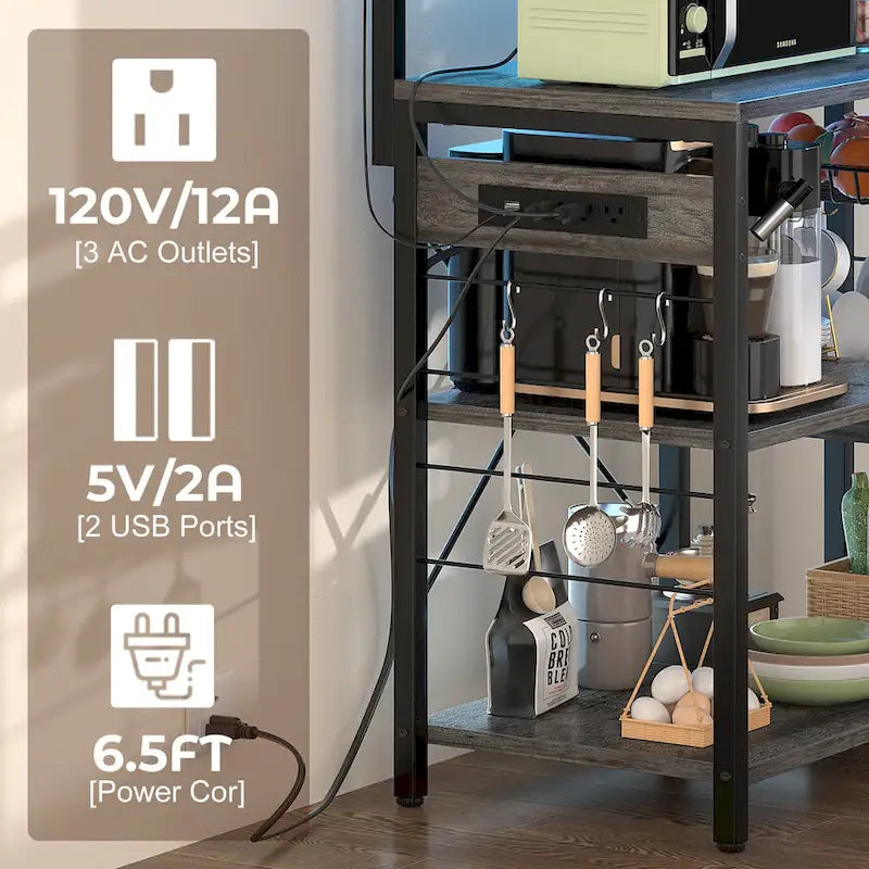 Kitchen Storage Shelf with Power Outlet, LED Lights and Pull-Out Basket