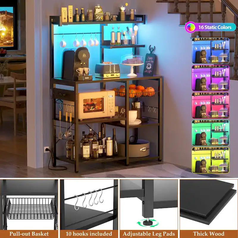 Kitchen Storage Shelf with Power Outlet, LED Lights and Pull-Out Basket