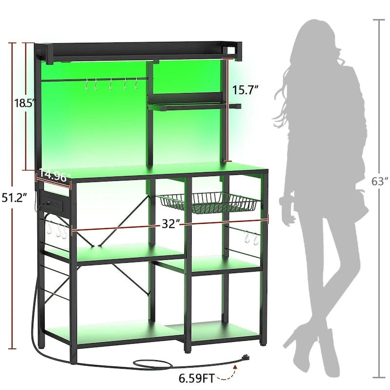 Kitchen Storage Shelf with Power Outlet, LED Lights and Pull-Out Basket