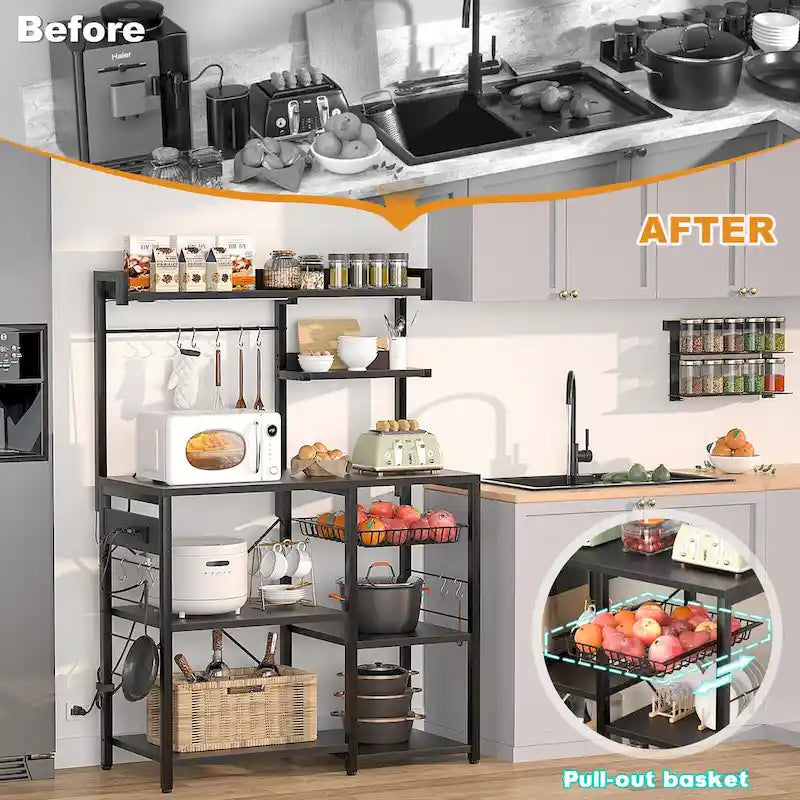 Kitchen Storage Shelf with Power Outlet, LED Lights and Pull-Out Basket