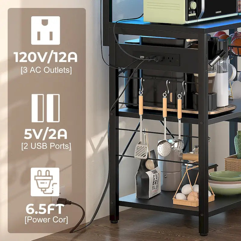 Kitchen Storage Shelf with Power Outlet, LED Lights and Pull-Out Basket