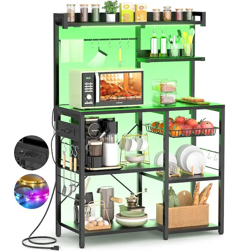 Kitchen Storage Shelf with Power Outlet, LED Lights and Pull-Out Basket