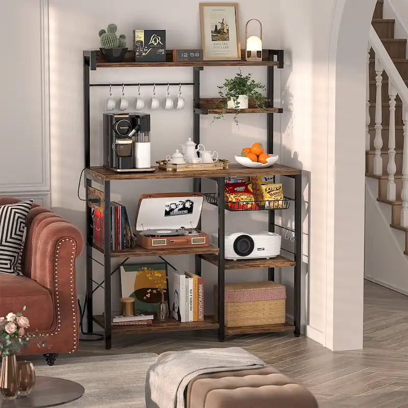 Kitchen Storage Shelf with Power Outlet, LED Lights and Pull-Out Basket