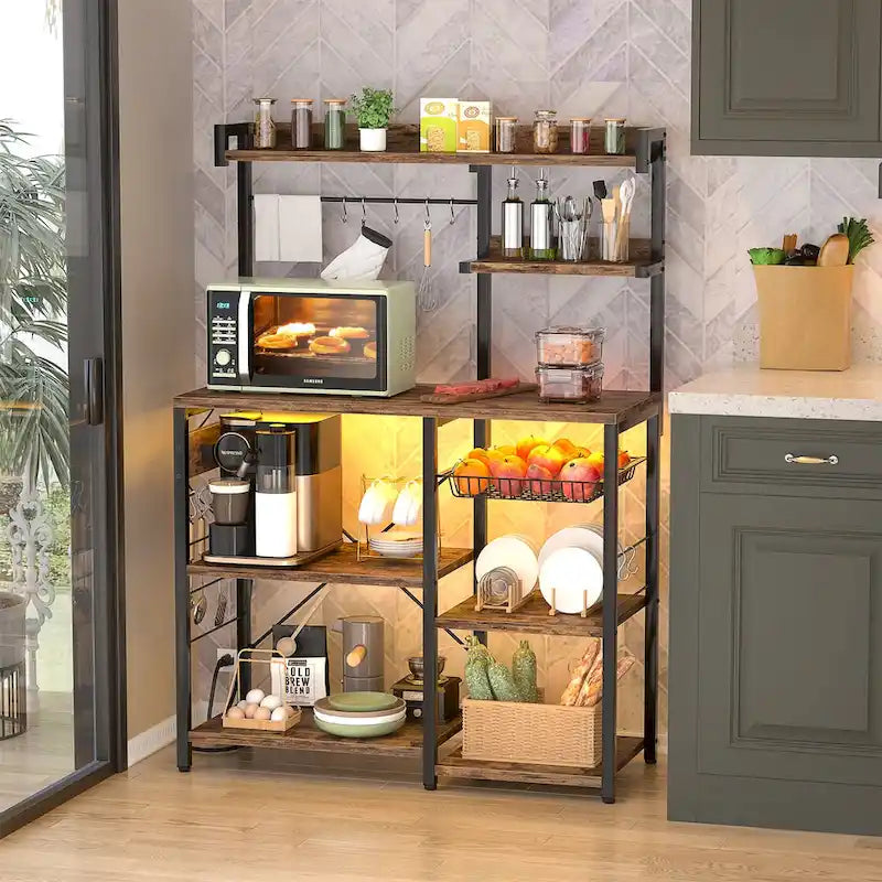 Kitchen Storage Shelf with Power Outlet, LED Lights and Pull-Out Basket