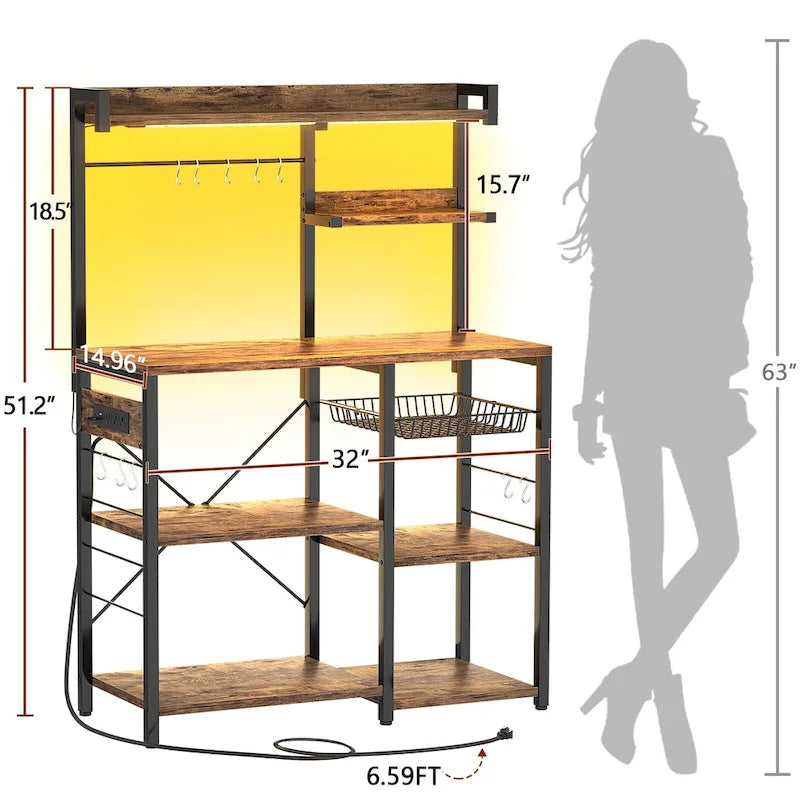 Kitchen Storage Shelf with Power Outlet, LED Lights and Pull-Out Basket