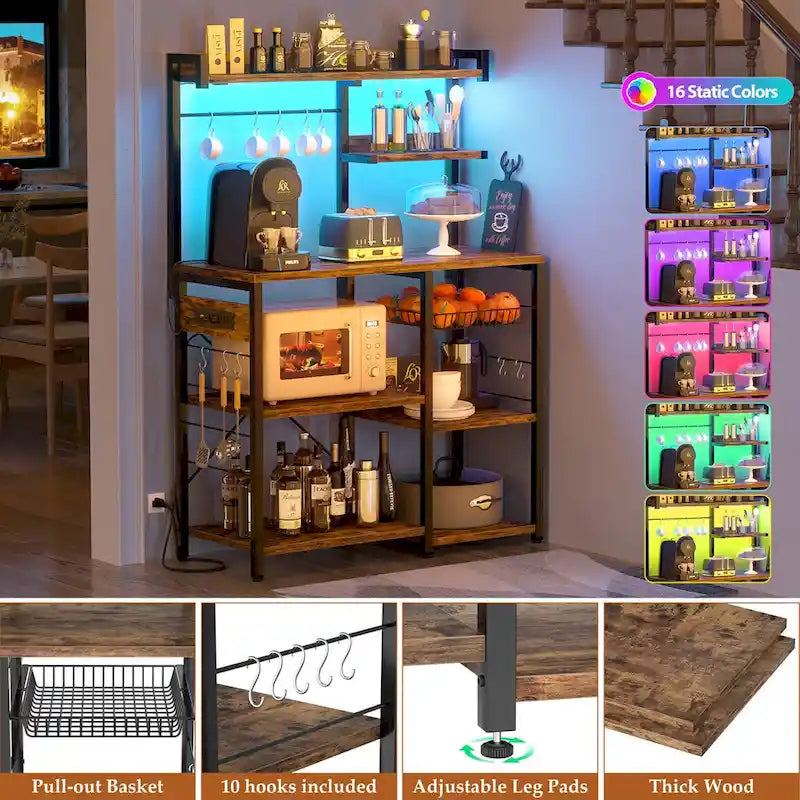 Kitchen Storage Shelf with Power Outlet, LED Lights and Pull-Out Basket