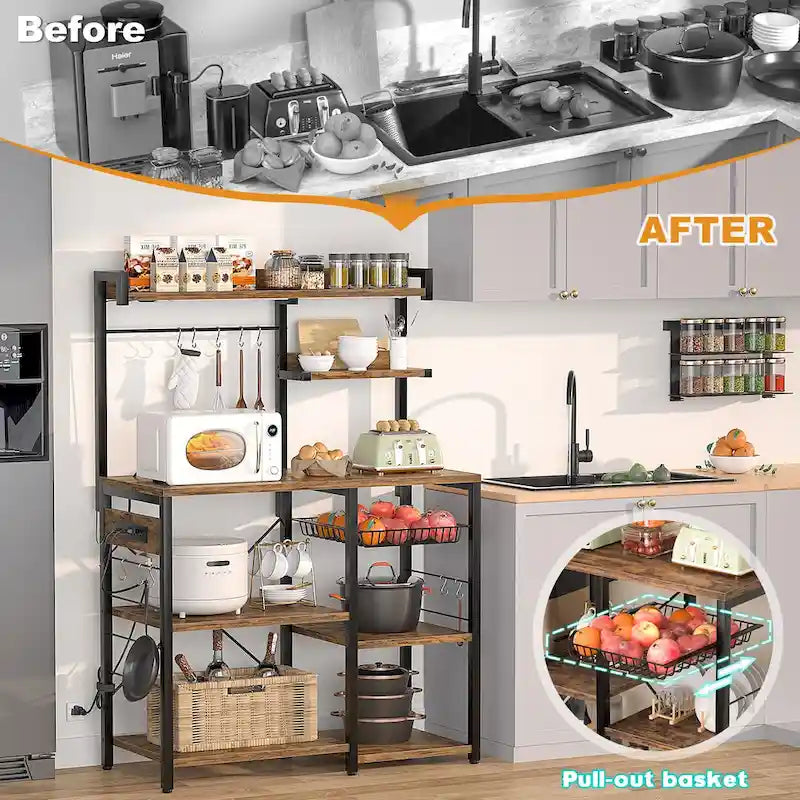 Kitchen Storage Shelf with Power Outlet, LED Lights and Pull-Out Basket