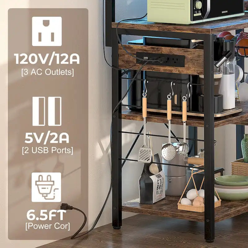 Kitchen Storage Shelf with Power Outlet, LED Lights and Pull-Out Basket