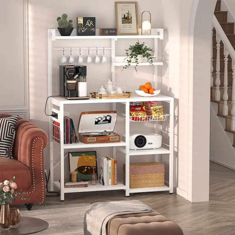 Kitchen Storage Shelf with Power Outlet, LED Lights and Pull-Out Basket