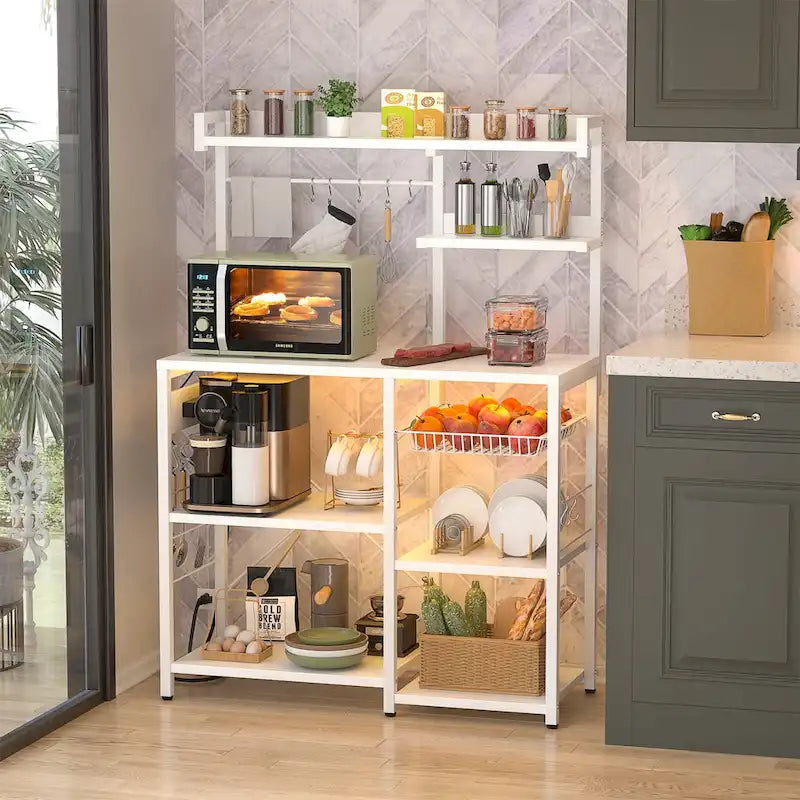 Kitchen Storage Shelf with Power Outlet, LED Lights and Pull-Out Basket