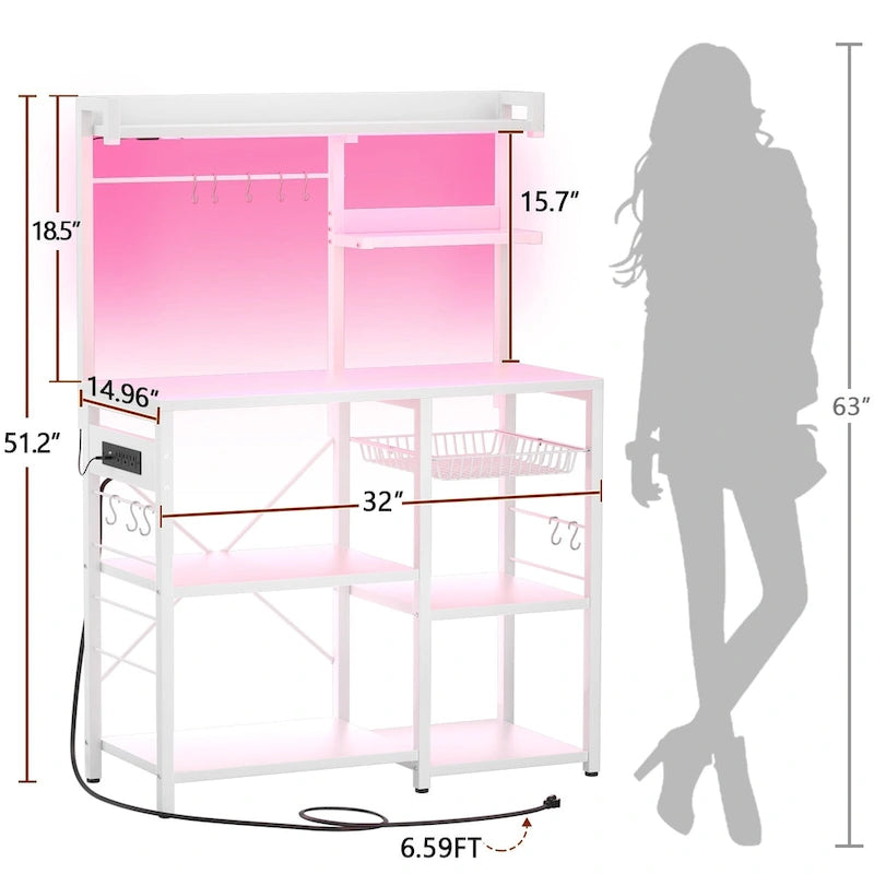 Kitchen Storage Shelf with Power Outlet, LED Lights and Pull-Out Basket