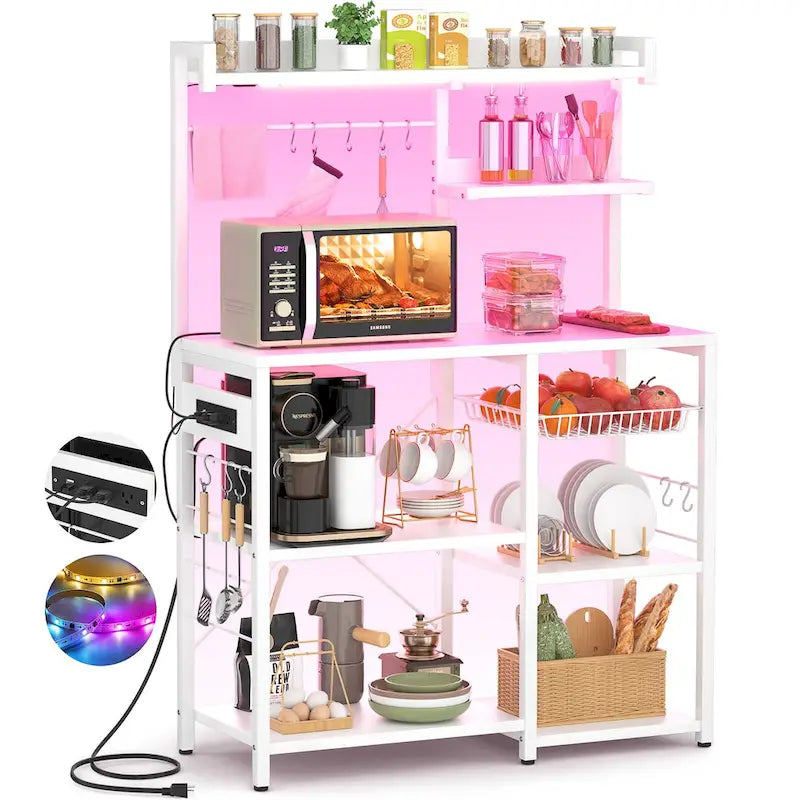 Kitchen Storage Shelf with Power Outlet, LED Lights and Pull-Out Basket