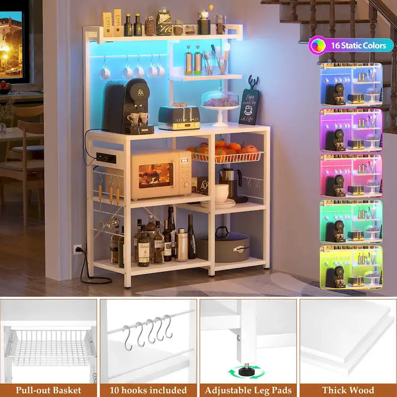 Kitchen Storage Shelf with Power Outlet, LED Lights and Pull-Out Basket