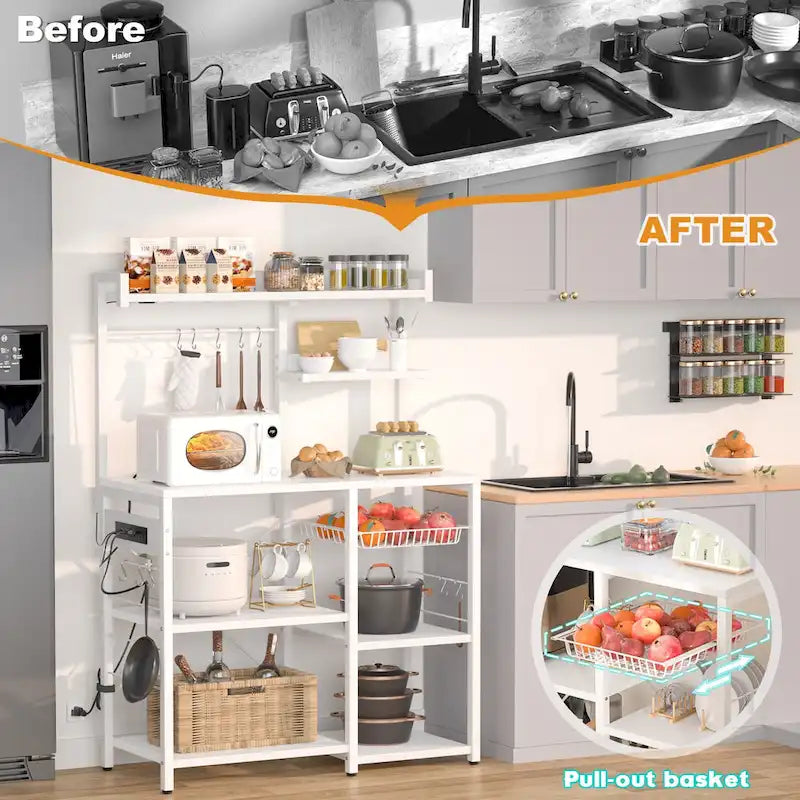 Kitchen Storage Shelf with Power Outlet, LED Lights and Pull-Out Basket