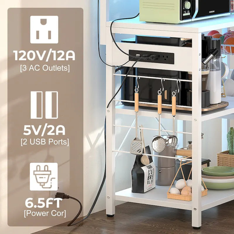 Kitchen Storage Shelf with Power Outlet, LED Lights and Pull-Out Basket